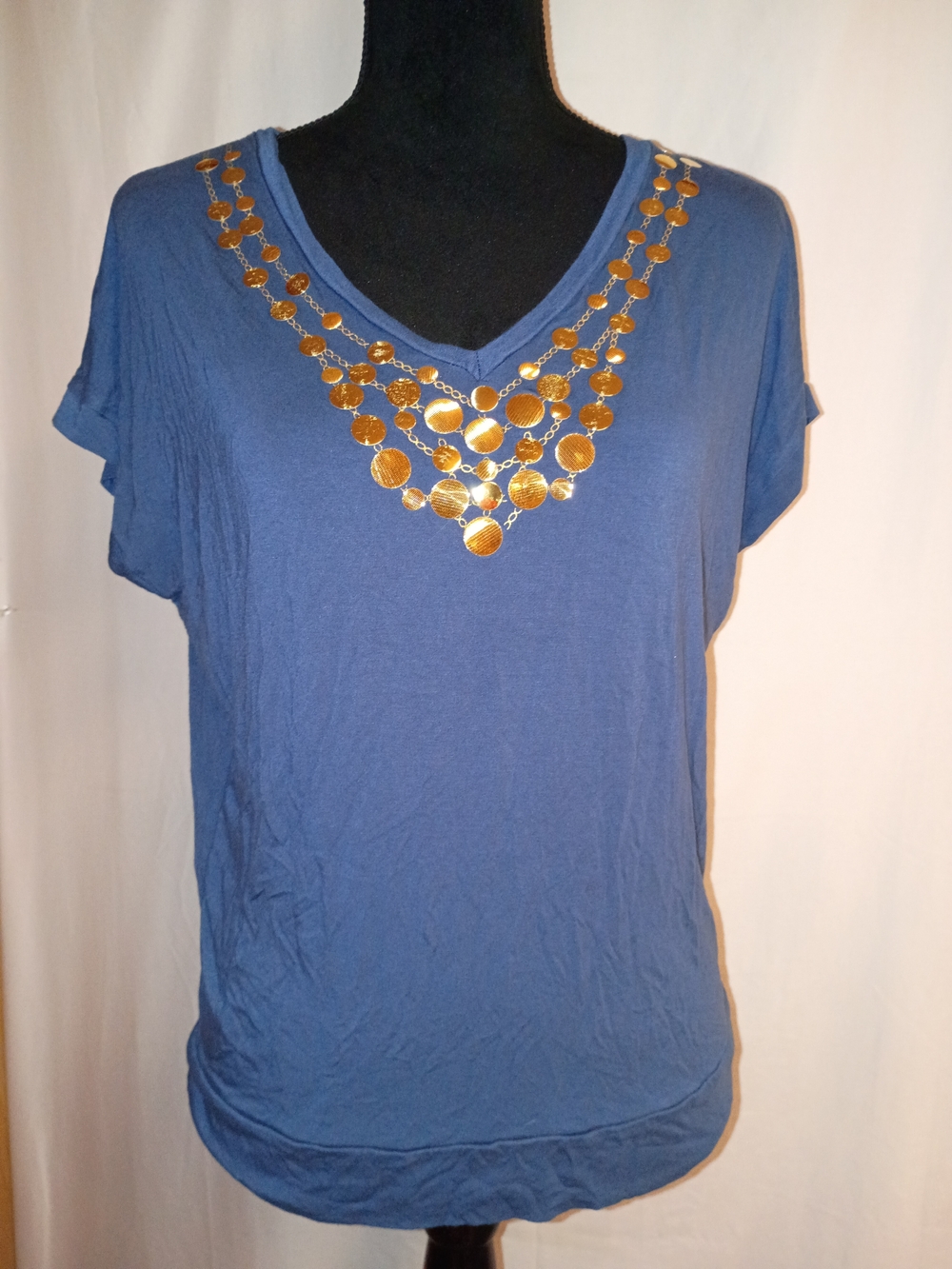august silk Blue Short Sleeve V-Neck Top with Gold Coin Embellishment